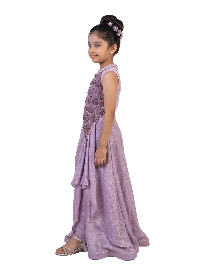 purple embellished party gown for girls with draped design synthetic kids ethnic dress