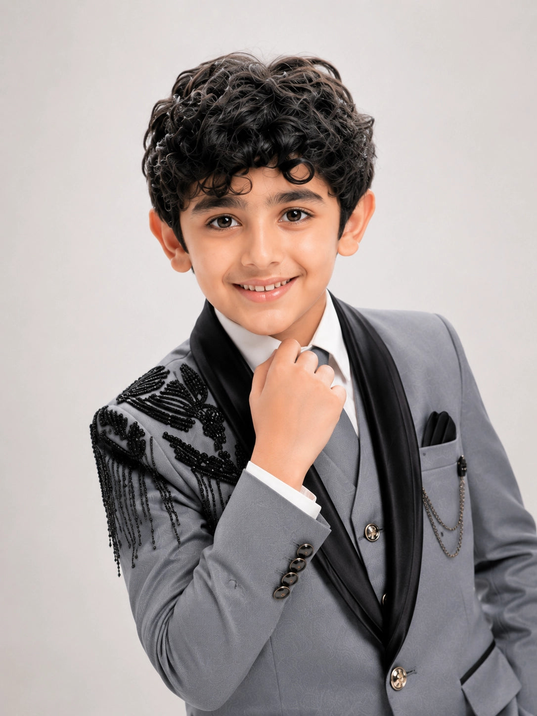 Boys Grey 3-Piece Formal Suit with Black Embellished Blazer