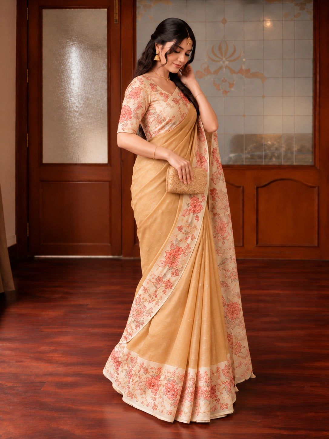 Gold Floral Printed Saree with Pink Floral Border & Pallu