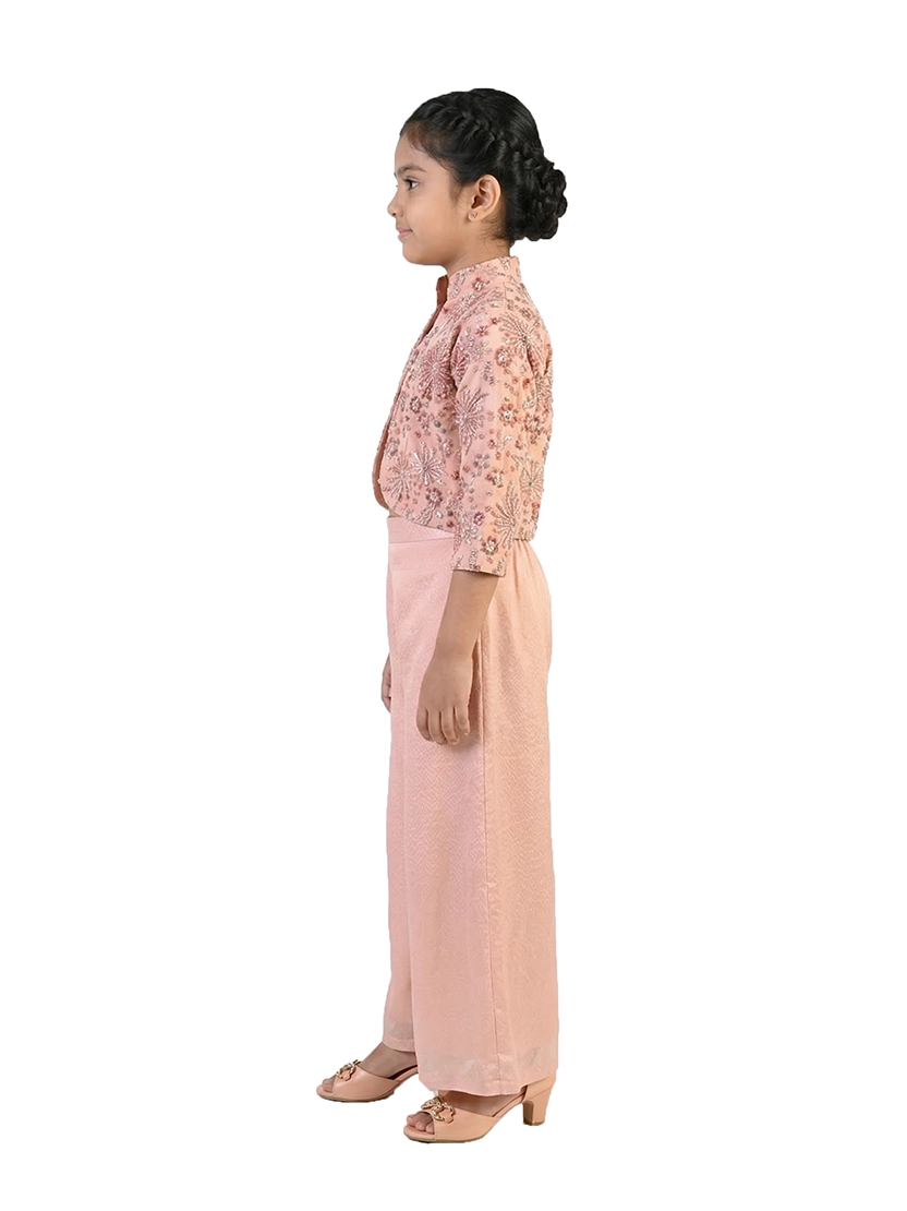 peach printed co ord set for girls with jacket and pants satin silk ethnic party wear kids outfit