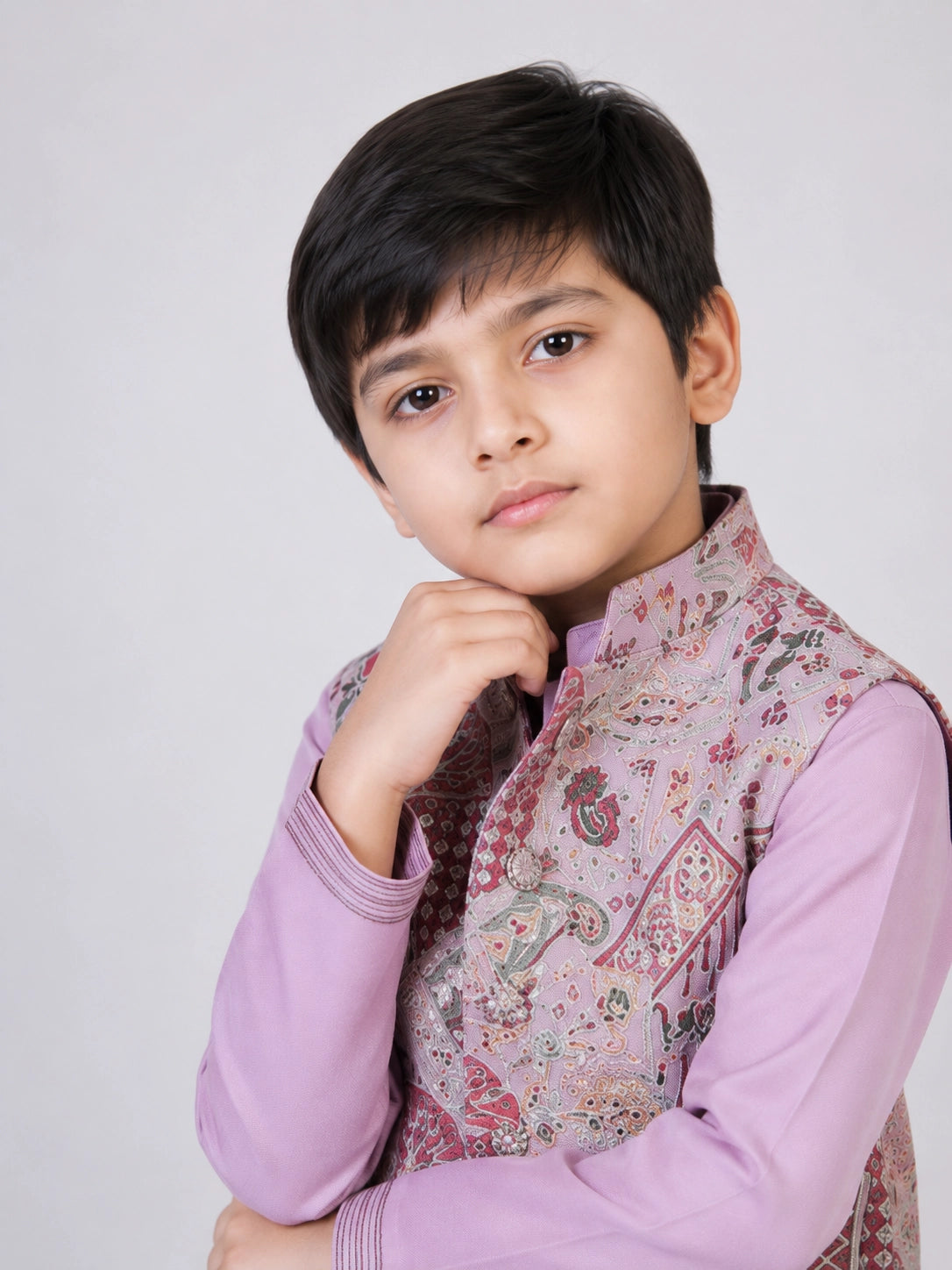 Lavender Printed Kurta Set with Nehru Jacket for Boys – Festive Ethnic Wear