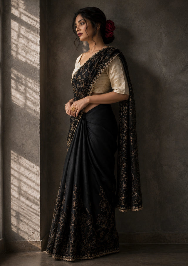 Midnight Black Floral Embroidered Designer Saree with Elegant Border