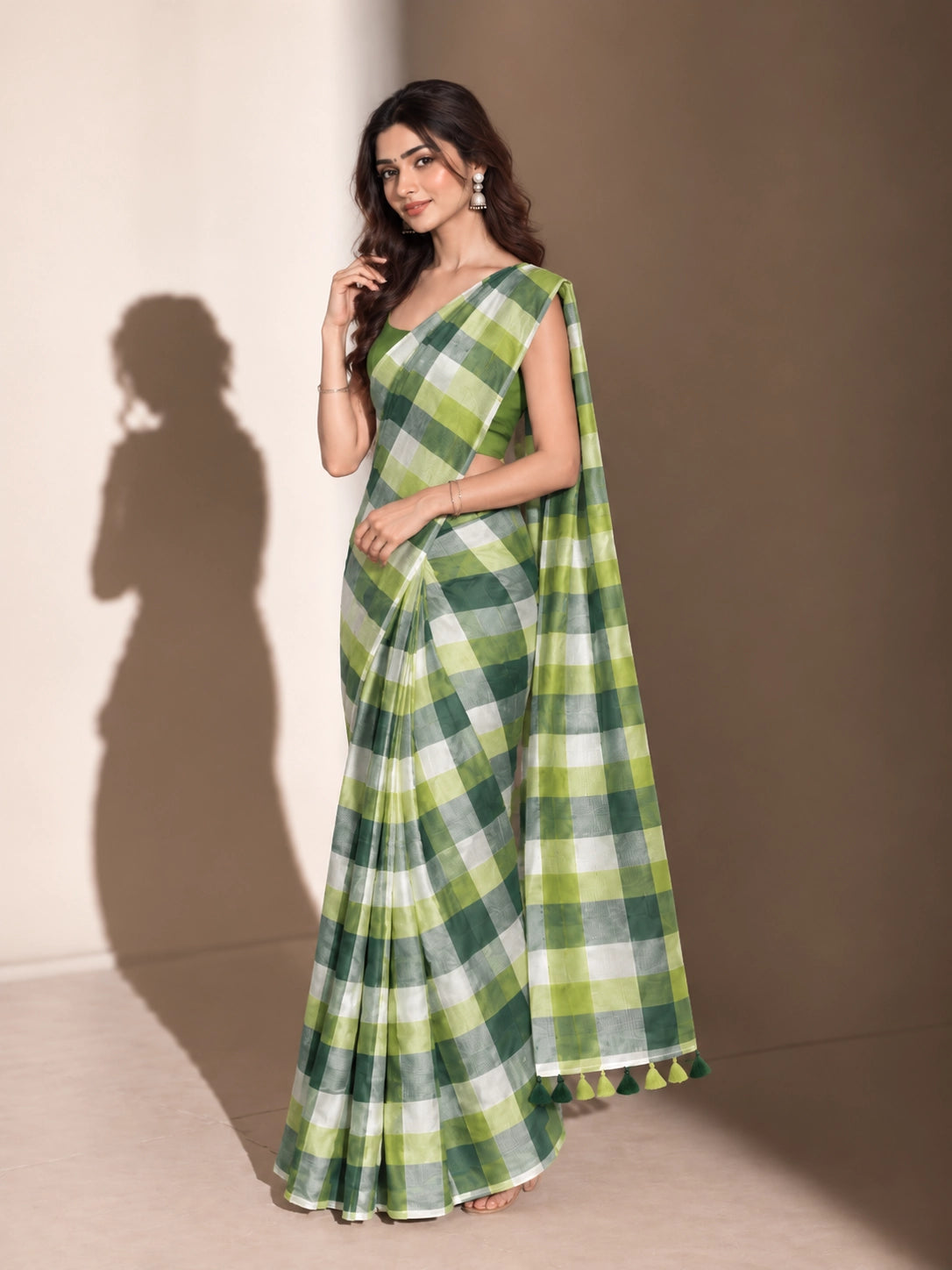 Designer Woven Saree with Checks Pattern & Elegant Tassel Border