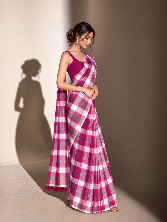 Designer Woven Saree with Checks Pattern & Elegant Tassel Border