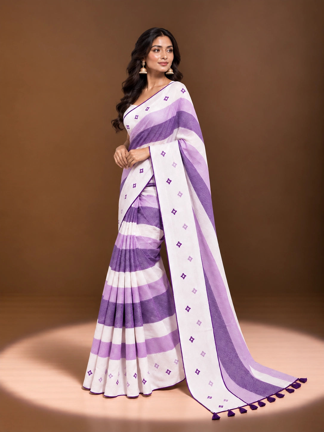 Designer Striped Cotton Saree with Floral Motifs & Contrast Border