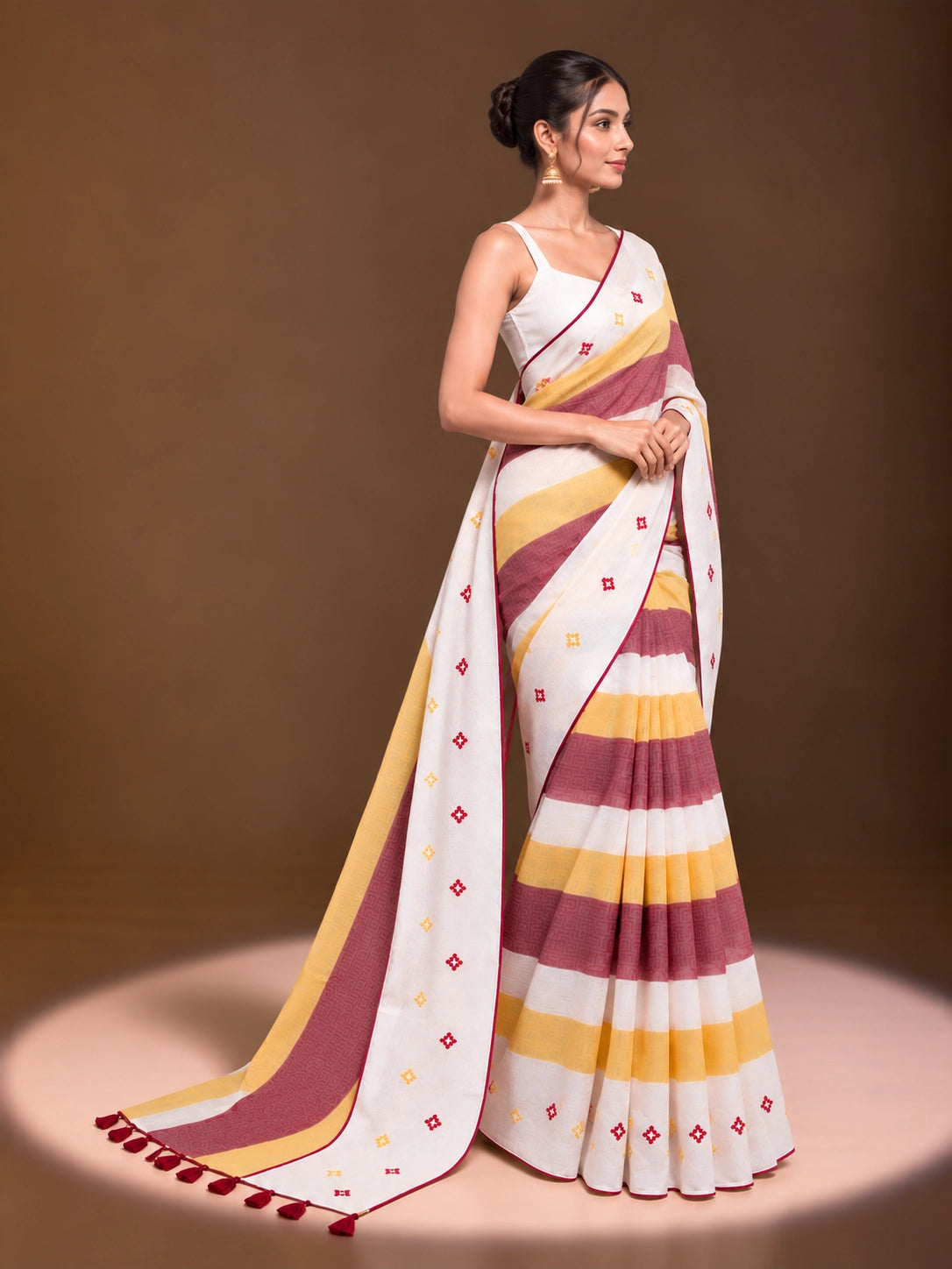 Designer Striped Cotton Saree with Floral Motifs & Contrast Border