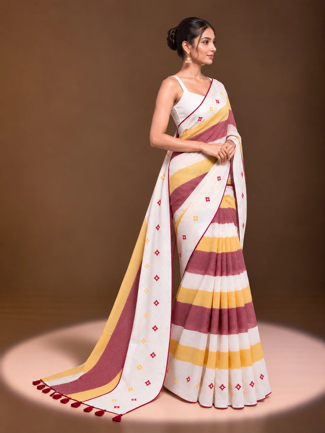 Designer Striped Cotton Saree with Floral Motifs & Contrast Border