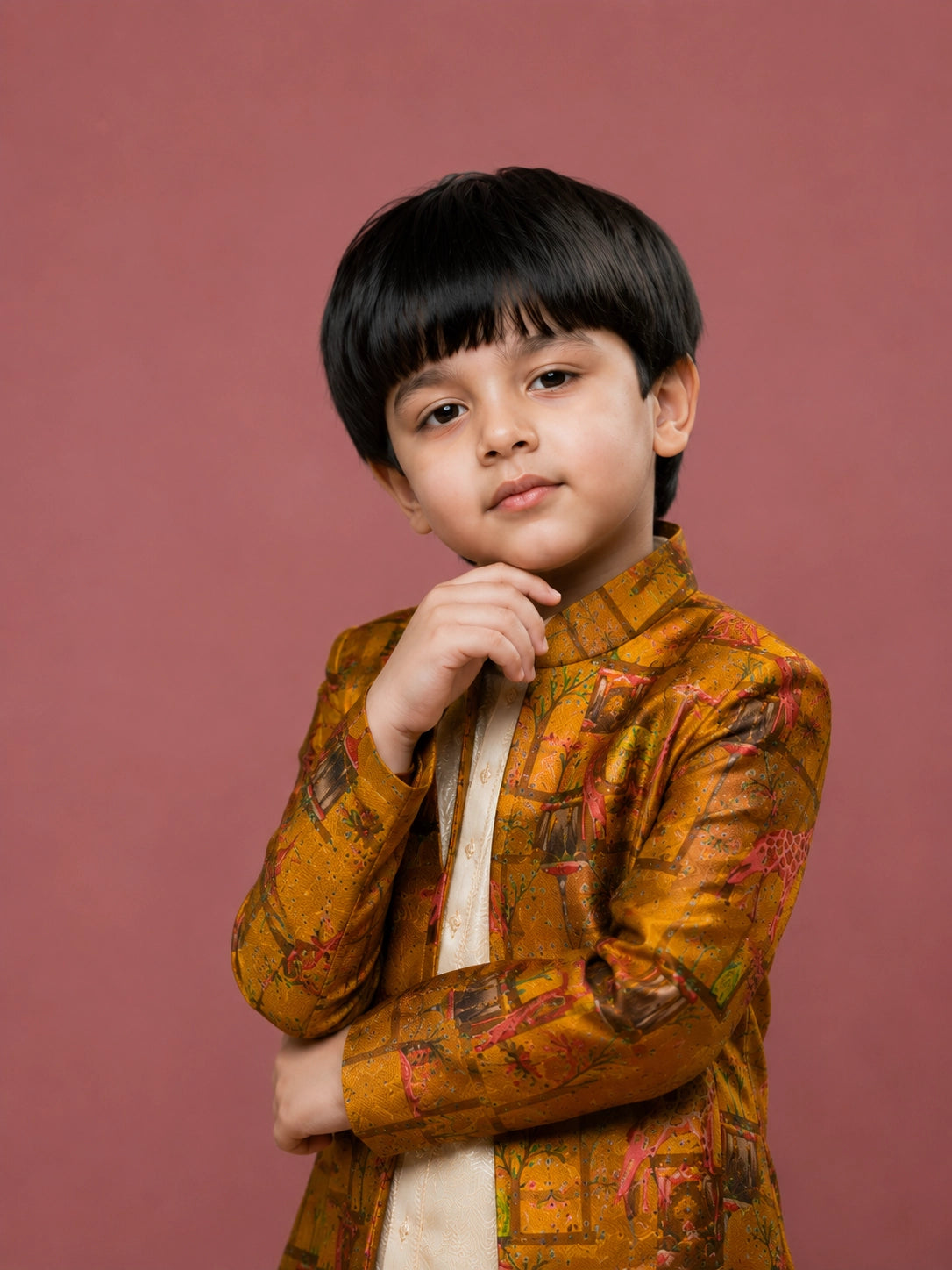 Boys Yellow Brocade Indo-Western Sherwani Set with Cream Kurta & Pajama