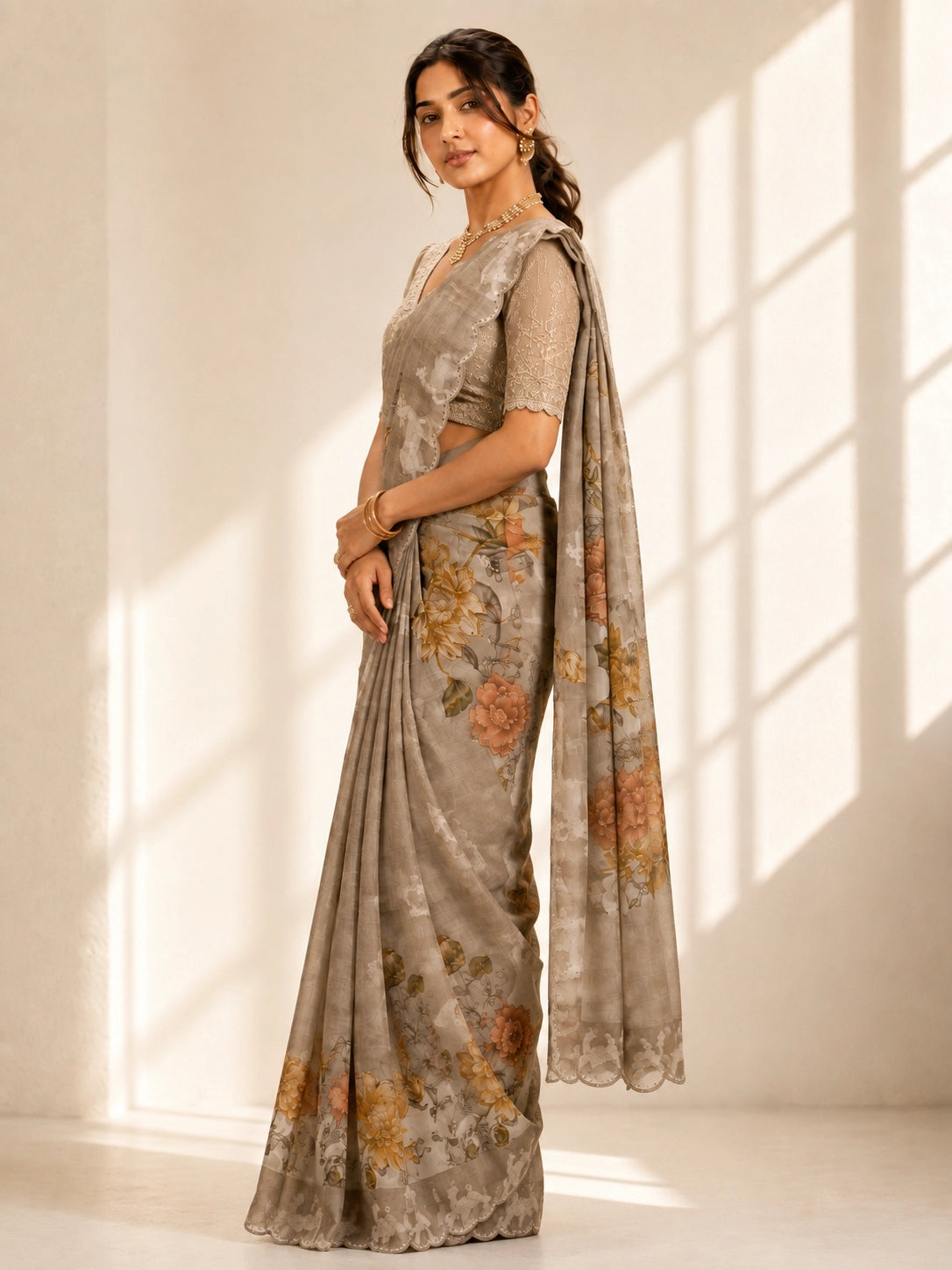 Elegant  Peach Floral Saree with Shimmering Golden Blouse