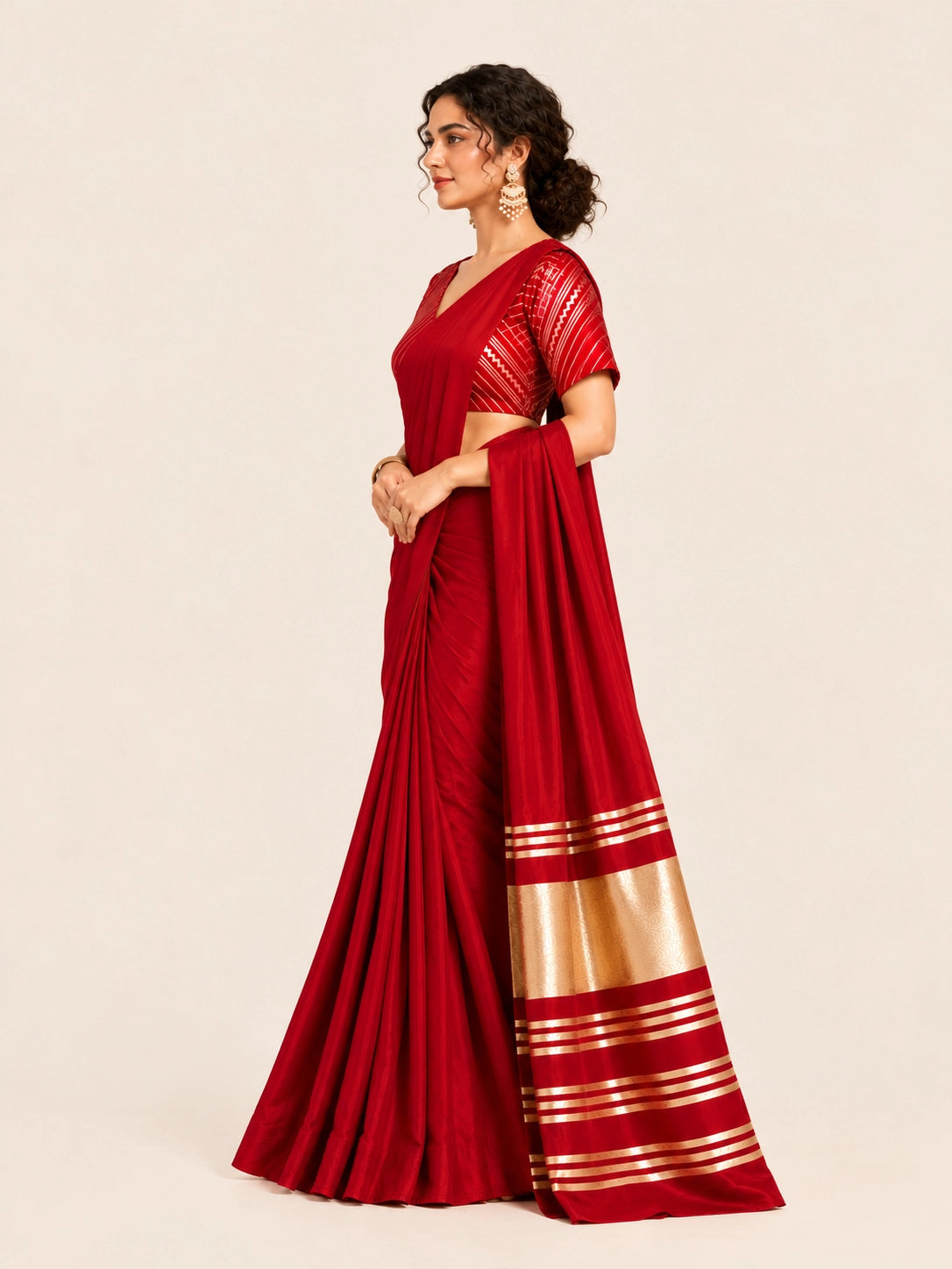 Designer Saree with Embroidered Border & Matching Blouse