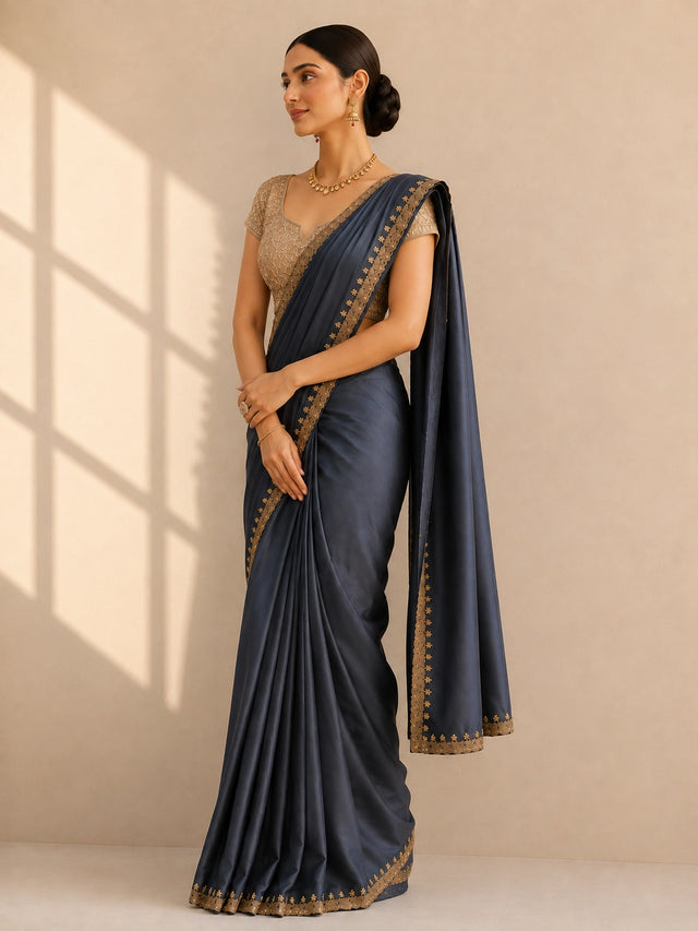 Sophisticated Grey Saree with Intricate Golden Border
