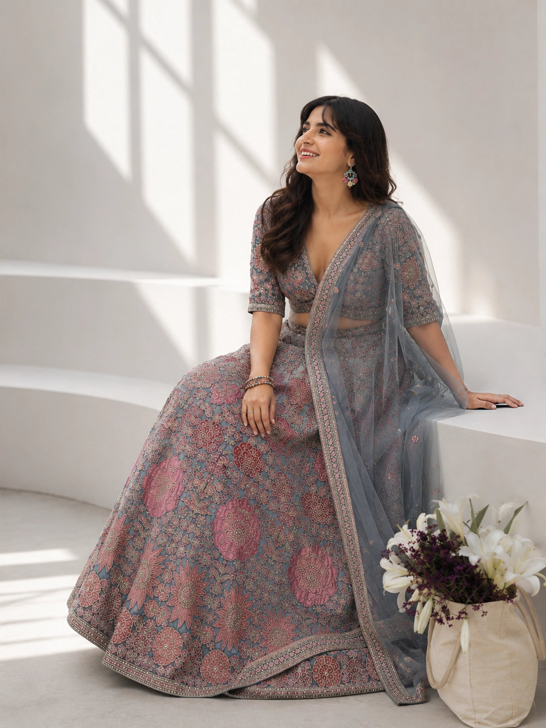Grey Floral Woven Lehenga Set with Embroidered Blouse & Soft Net Dupatta