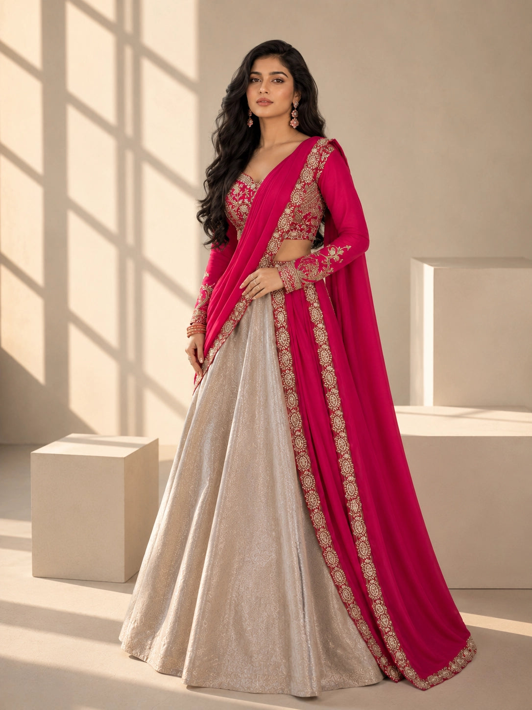 Rani Pink Embroidered Lehenga Set with Champagne Gold Skirt & Dupatta