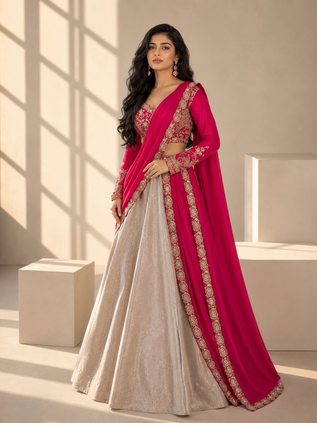 Rani Pink Embroidered Lehenga Set with Champagne Gold Skirt & Dupatta