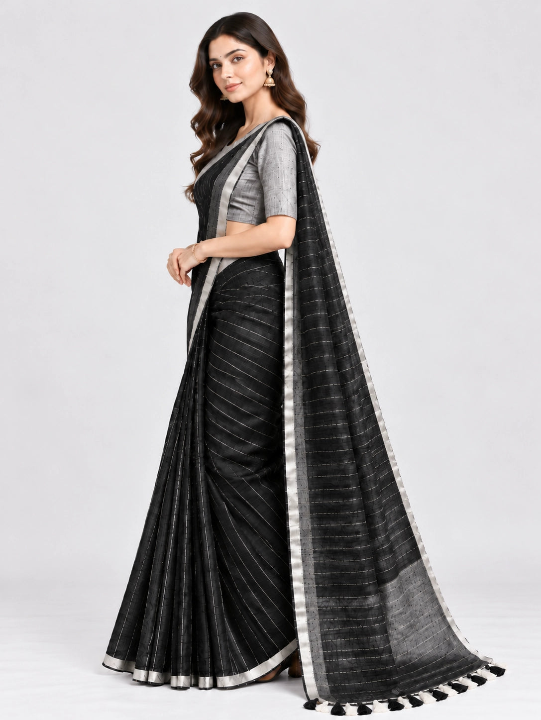 Striped Woven Saree with Metallic Border & Tassel Pallu | Elegant Ethnic Saree