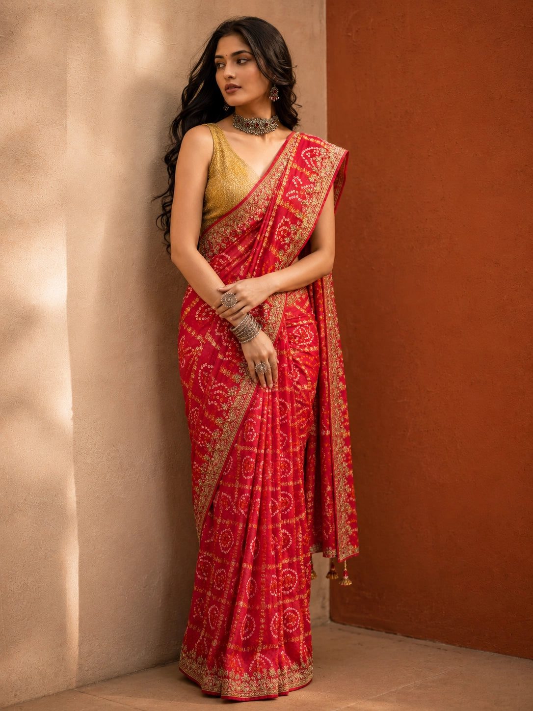 Traditional Red Bandhej Saree with Golden Print Work