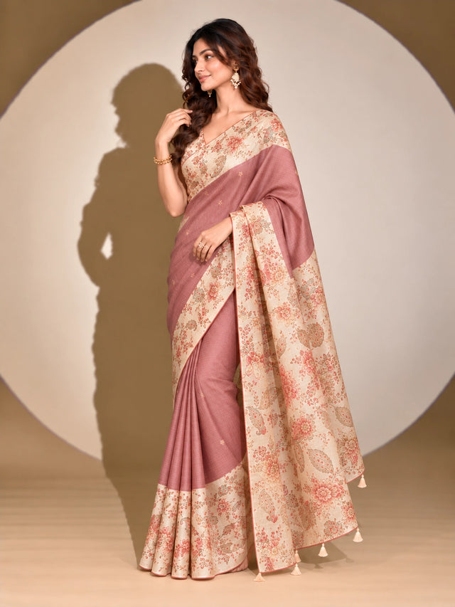 Pink Floral Printed Saree with Contrast Floral Border & Pallu