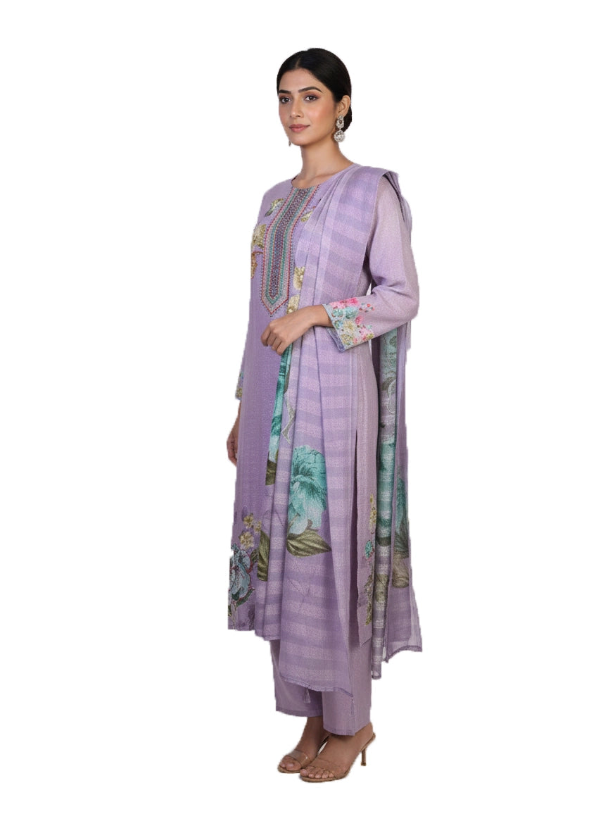 Lavender Purple Floral Printed Kurti Set with Dupatta for Women – Elegant Ethnic Wear