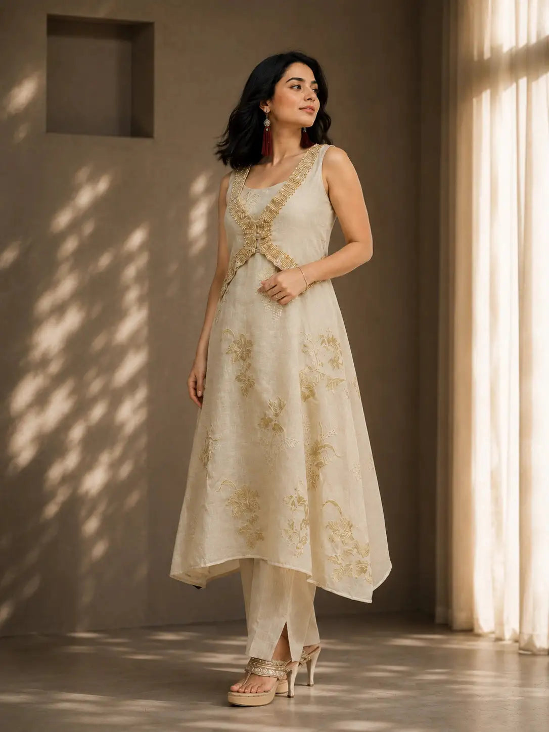 Beige Embroidered A-Line Kurta Set with Straight Pants