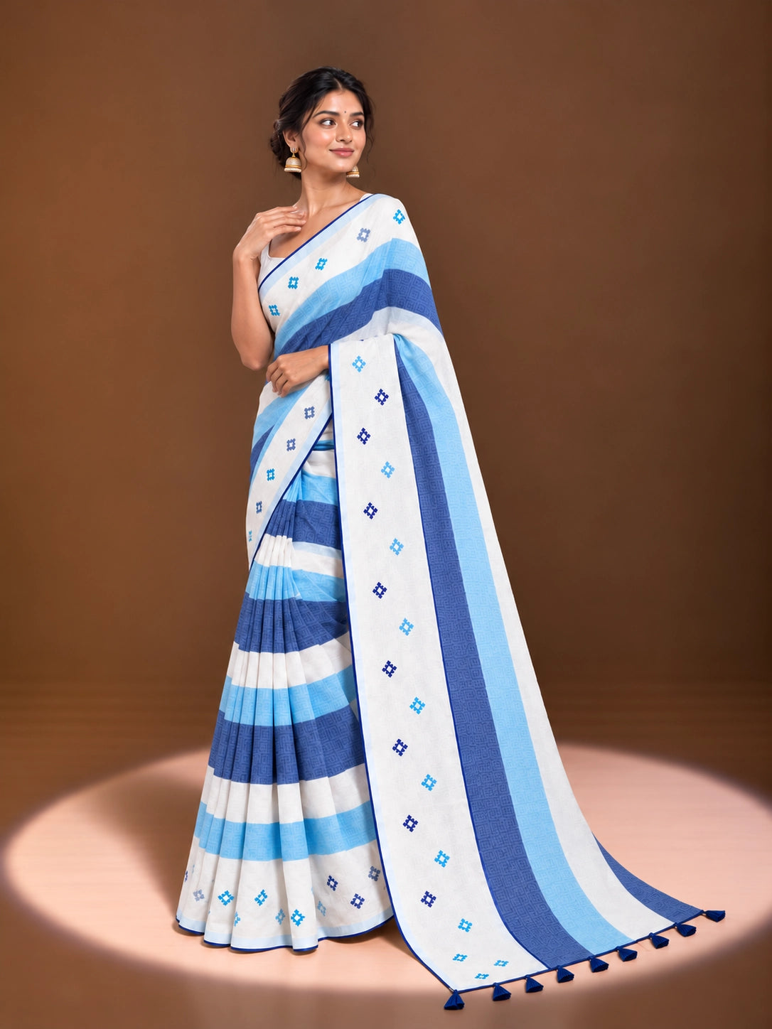 Designer Striped Cotton Saree with Floral Motifs & Contrast Border