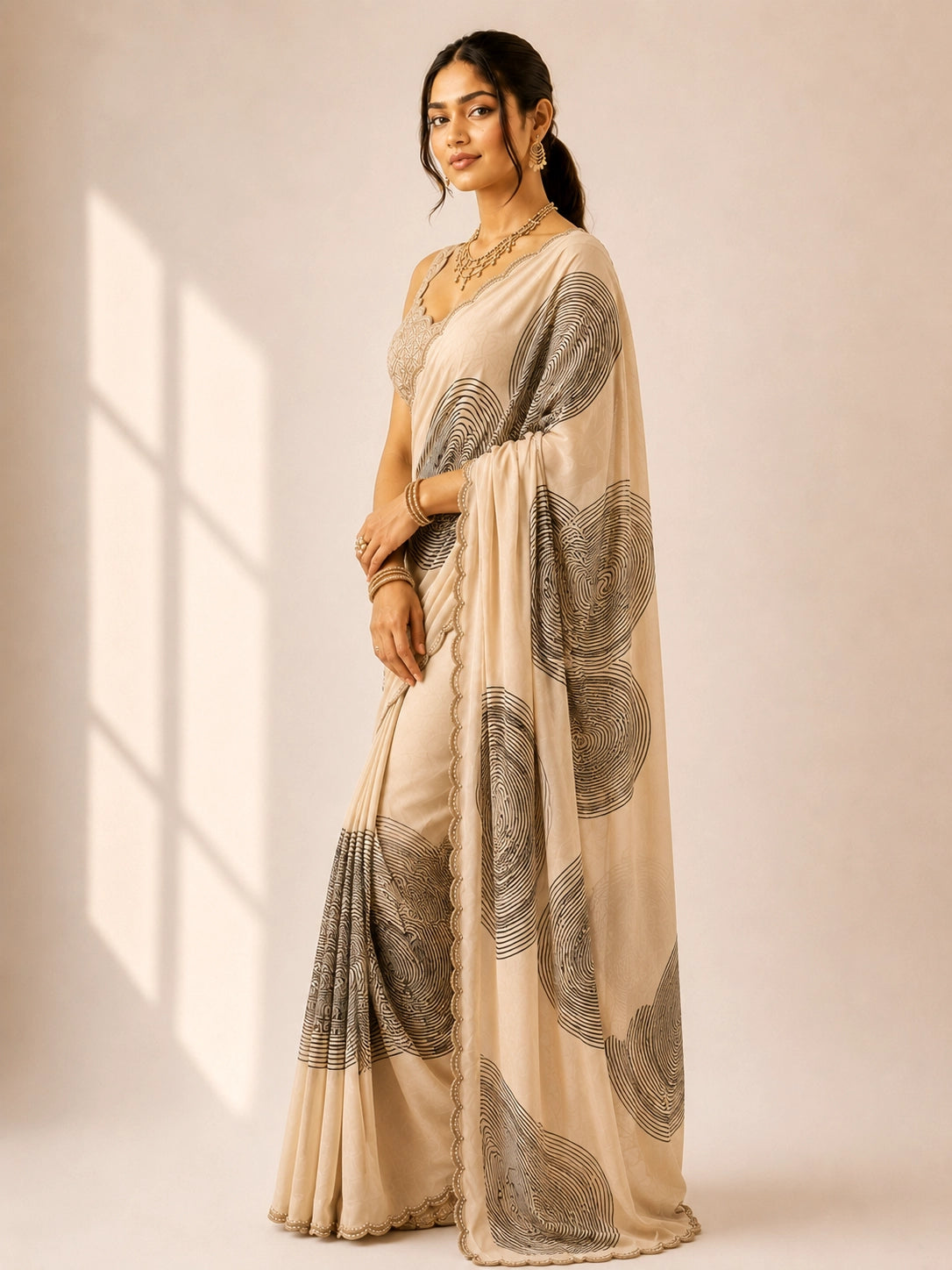Elegant Cream  Saree with Abstract Wave Print and Embellished Blouse