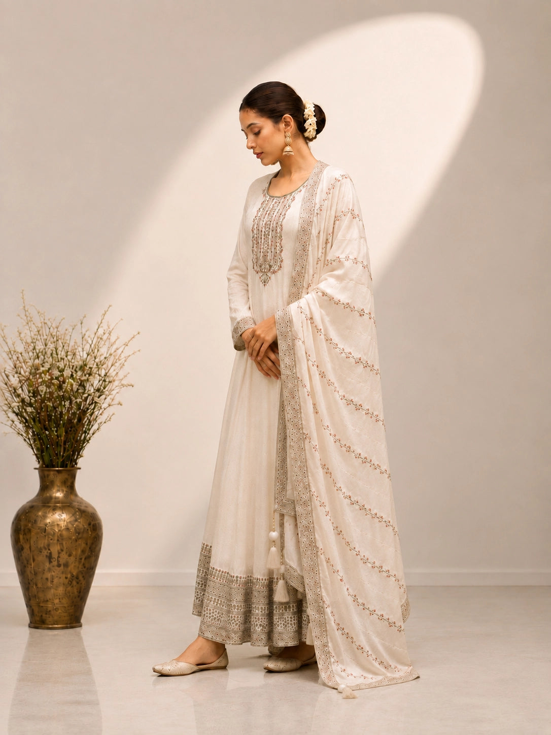 Elegant Ivory Embroidered Anarkali Suit Set