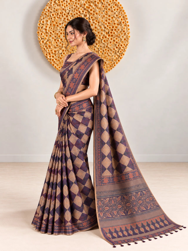 Elegant Plum Patterned Saree with Intricate Borders