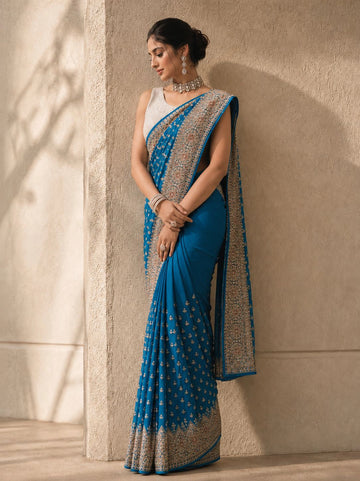 Firozi Embroidered Designer Saree with Intricate Zari Border