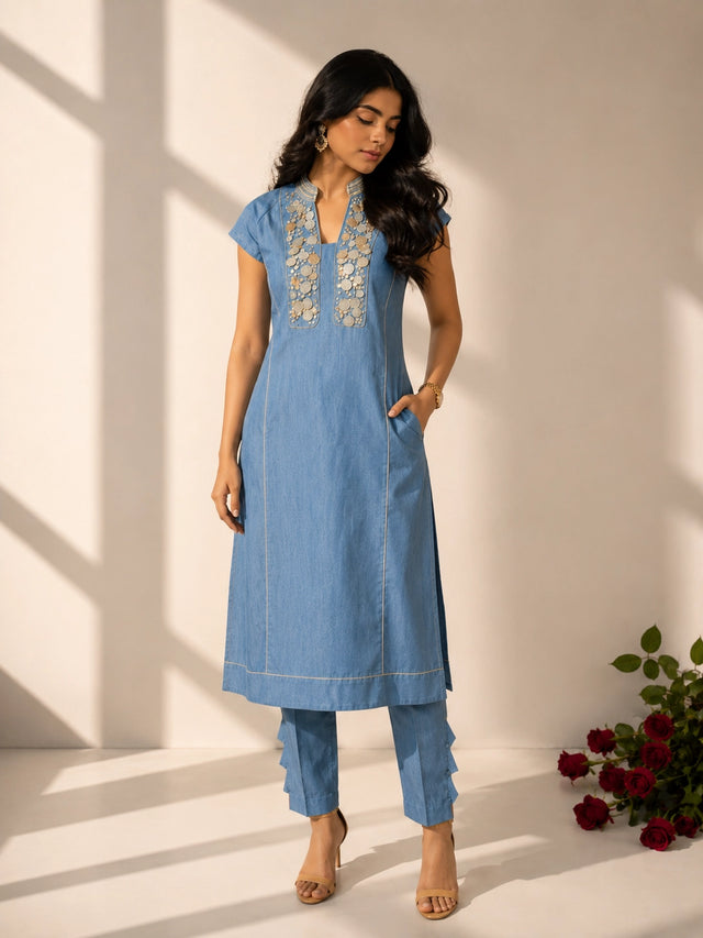 Sky Blue Embroidered Cotton Kurta Set for Women | Straight Kurta with Pants