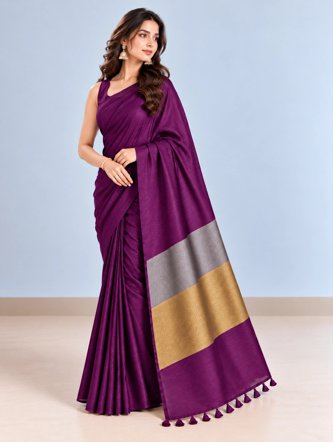 Elegant Woven Saree with Gold & Silver Border | Designer Saree for Women
