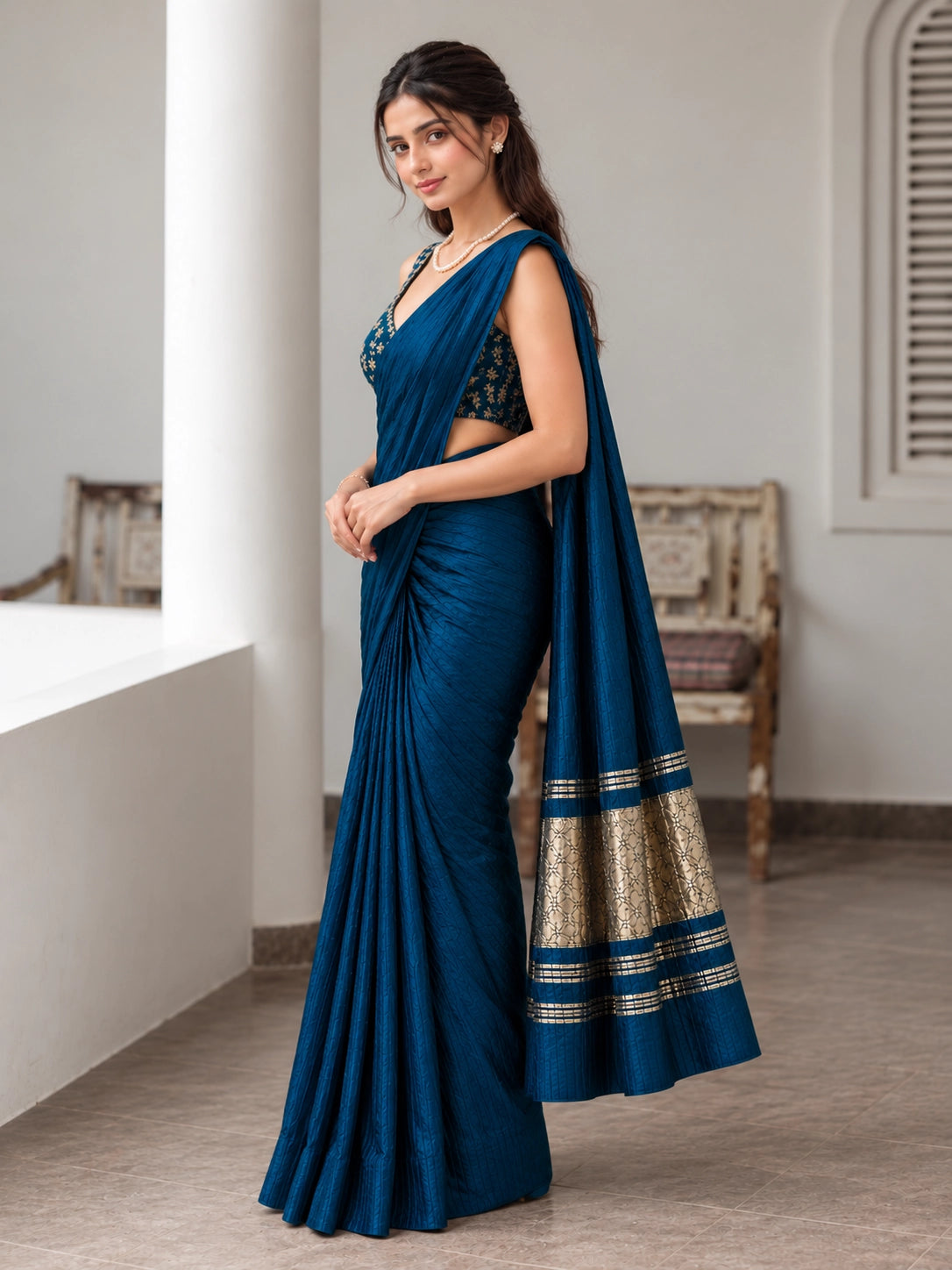 Designer Saree with Embroidered Border & Matching Blouse