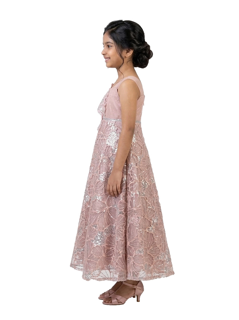peach embellished party gown for girls with floral lace design crepe satin kids dress