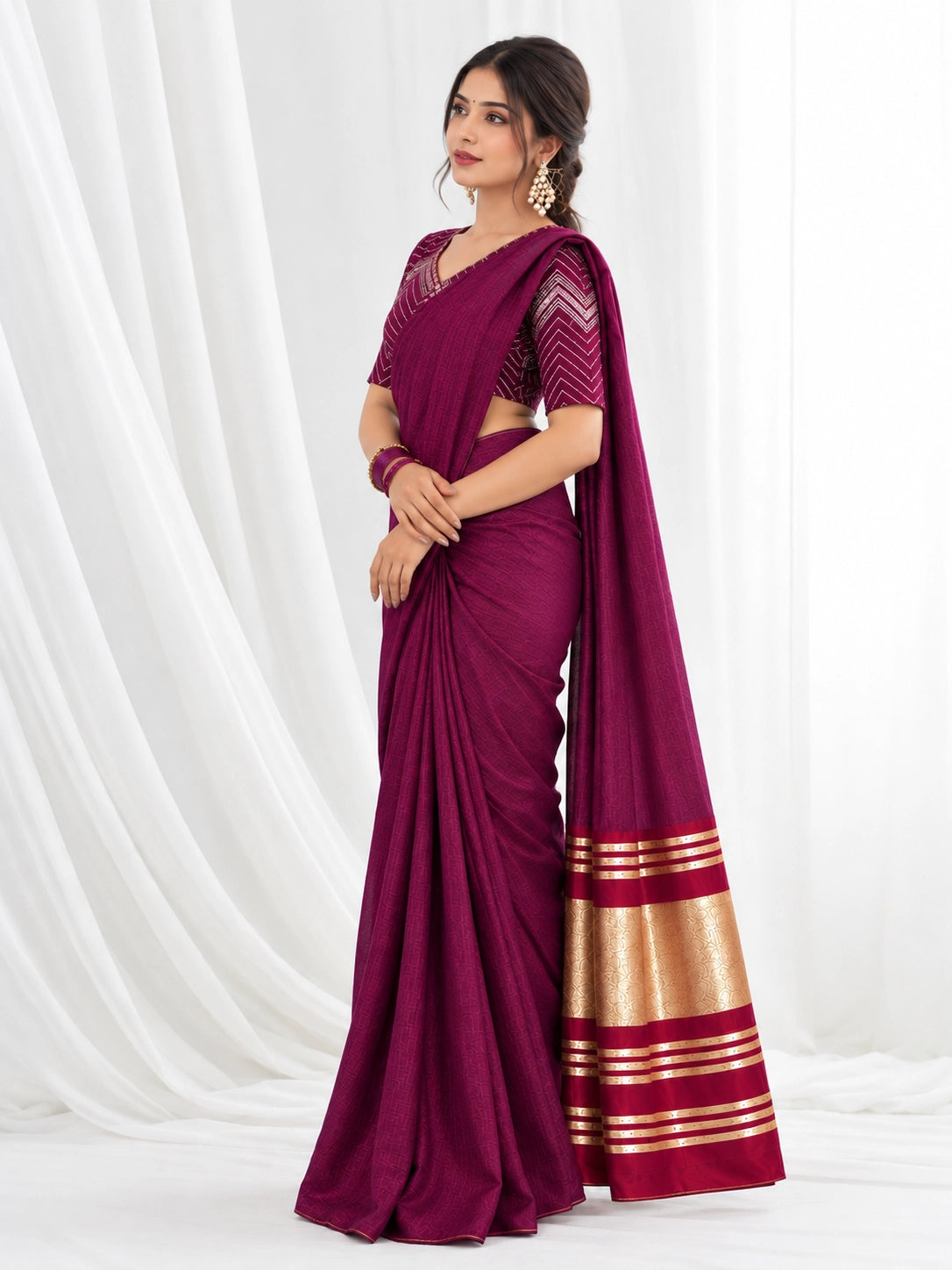 Designer Saree with Embroidered Border & Matching Blouse