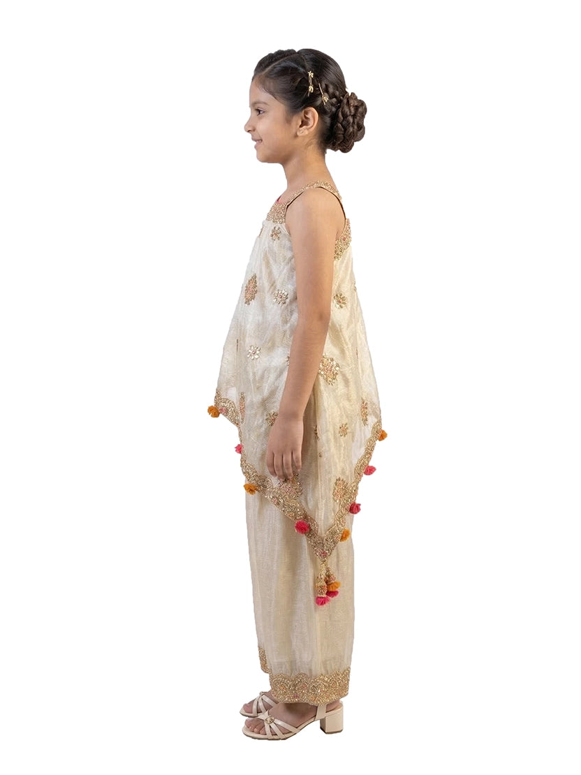 fawn embellished ethnic co ord set for girls with cape style top and pants tissue silk festive wear