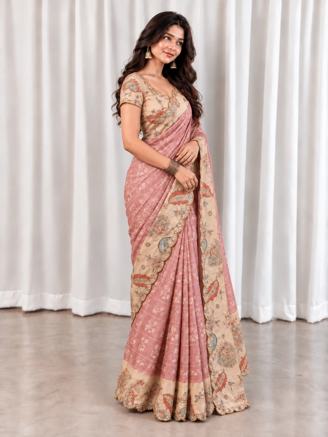 Onion Pink Embroidered Saree with Floral Border