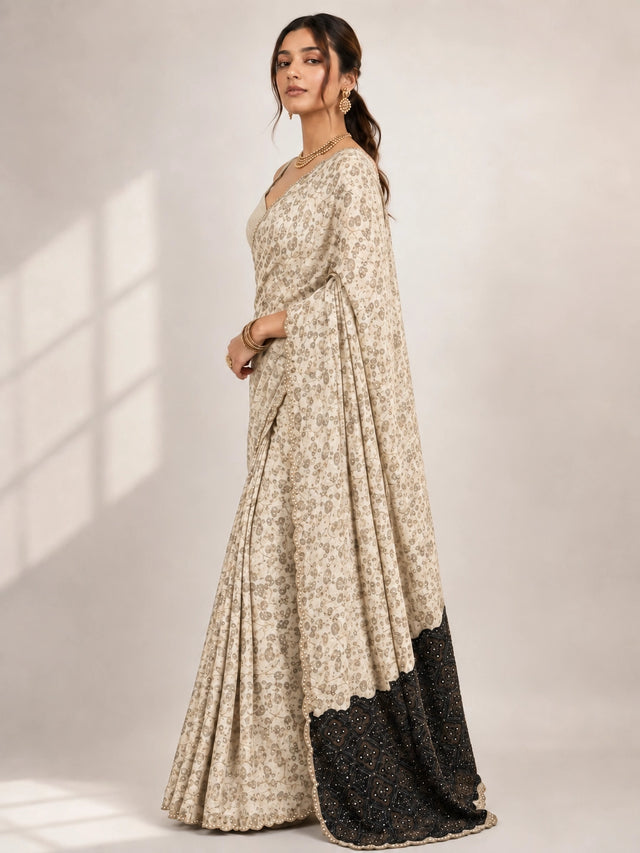 Elegant Cream  Printed Saree with Gold Blouse and Embellished Pallu