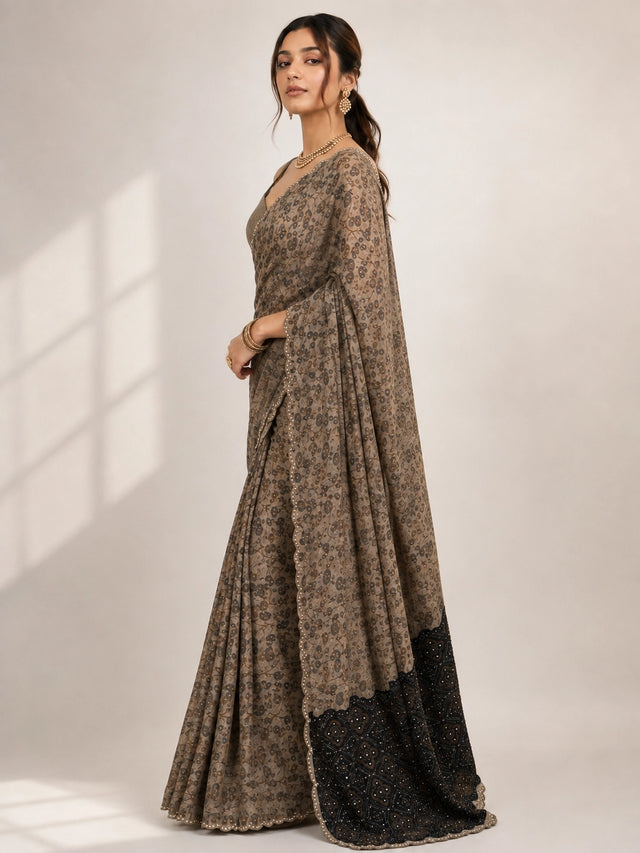 Elegant Cream  Printed Saree with Gold Blouse and Embellished Pallu