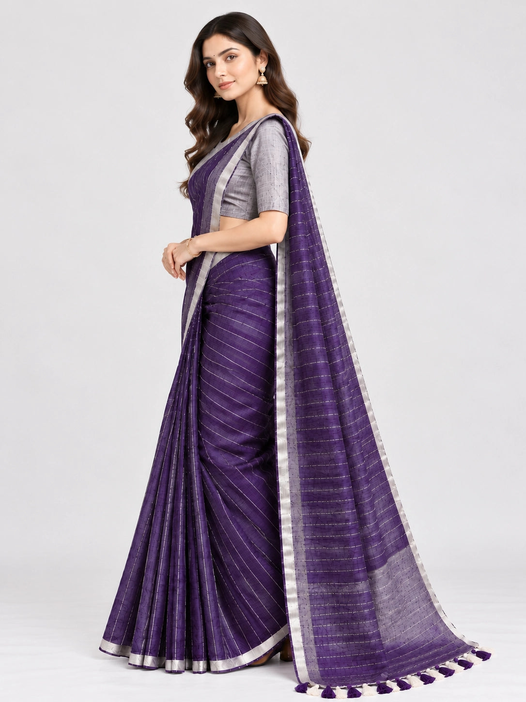 Striped Woven Saree with Metallic Border & Tassel Pallu | Elegant Ethnic Saree