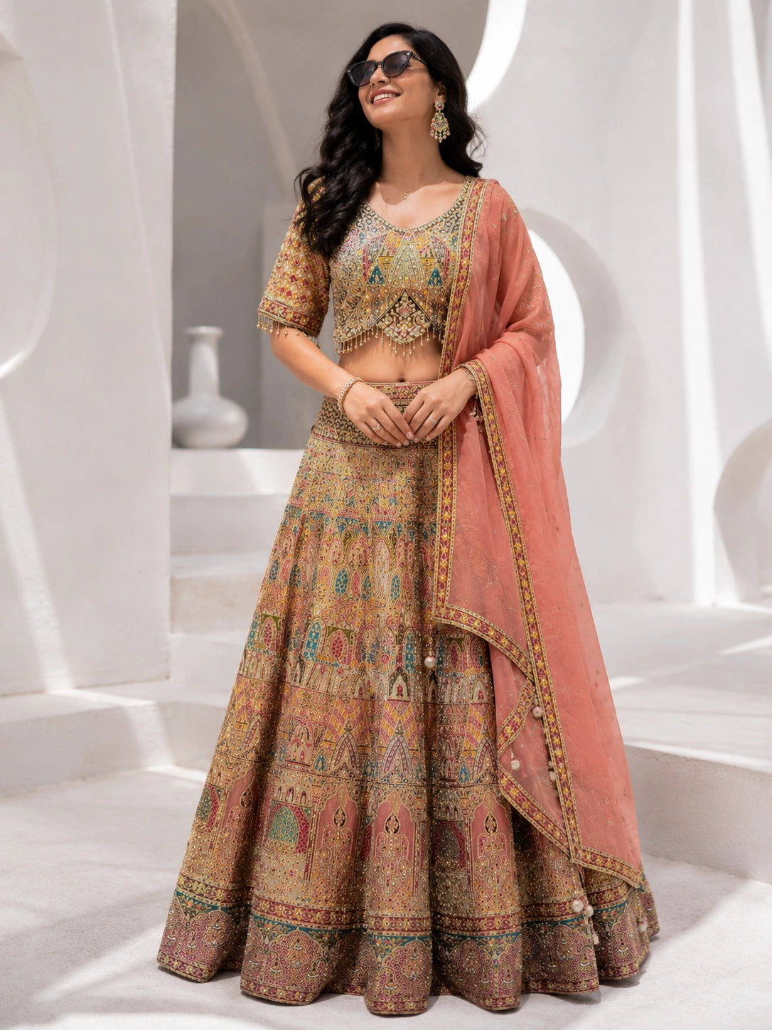 Cream Designer Bridal Lehenga with Peach Dupatta | Luxury Wedding Lehenga