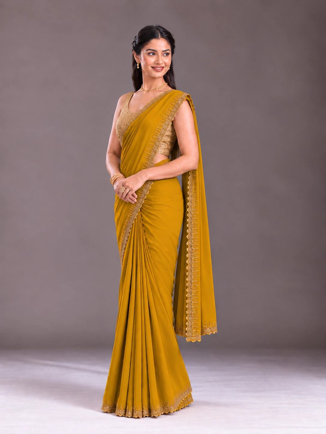 Elegant Mustard Saree with Delicate Embroidered Border