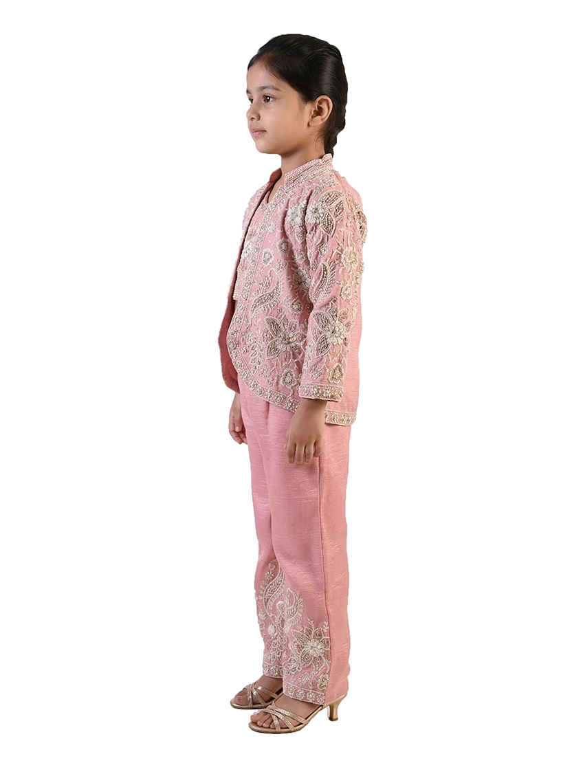pink embroidered co ord set for girls with jacket and pants satin crepe party wear kids outfit