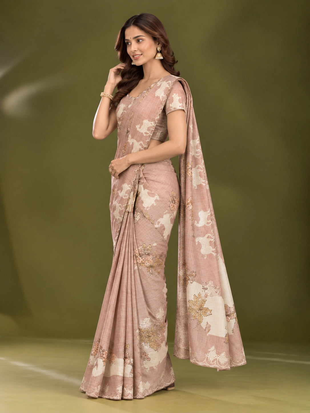 Elegant  Peach Floral Saree with Shimmering Golden Blouse