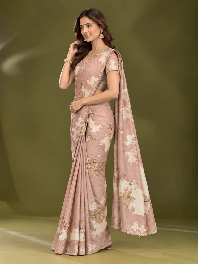 Elegant  Peach Floral Saree with Shimmering Golden Blouse