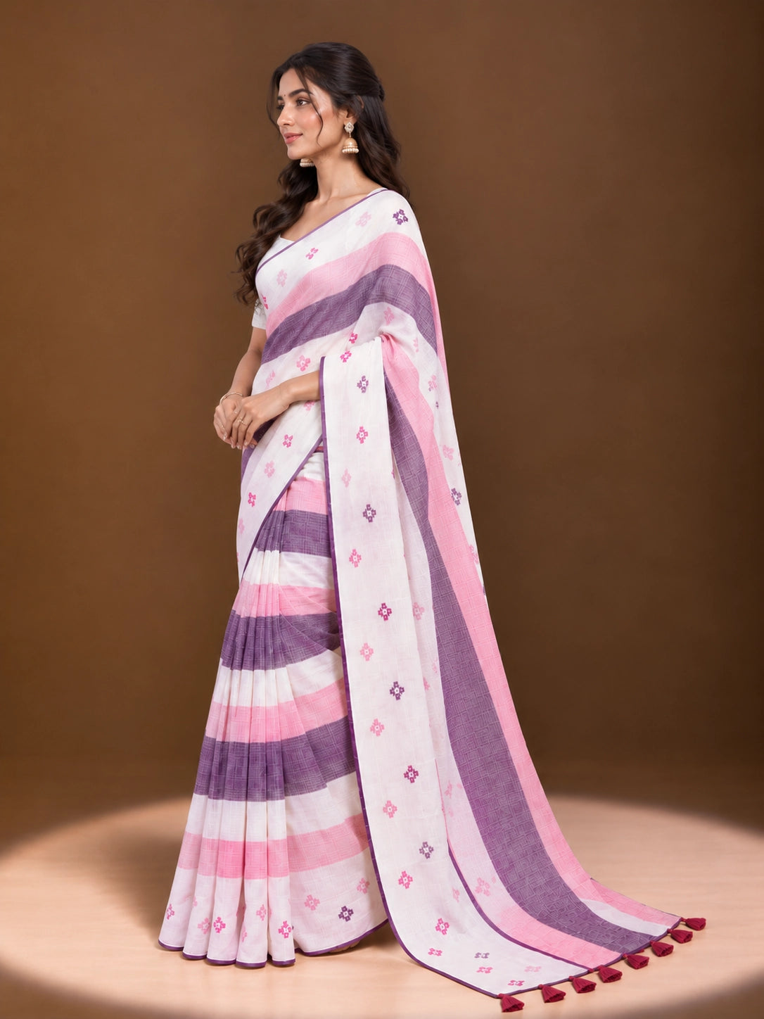 Designer Striped Cotton Saree with Floral Motifs & Contrast Border