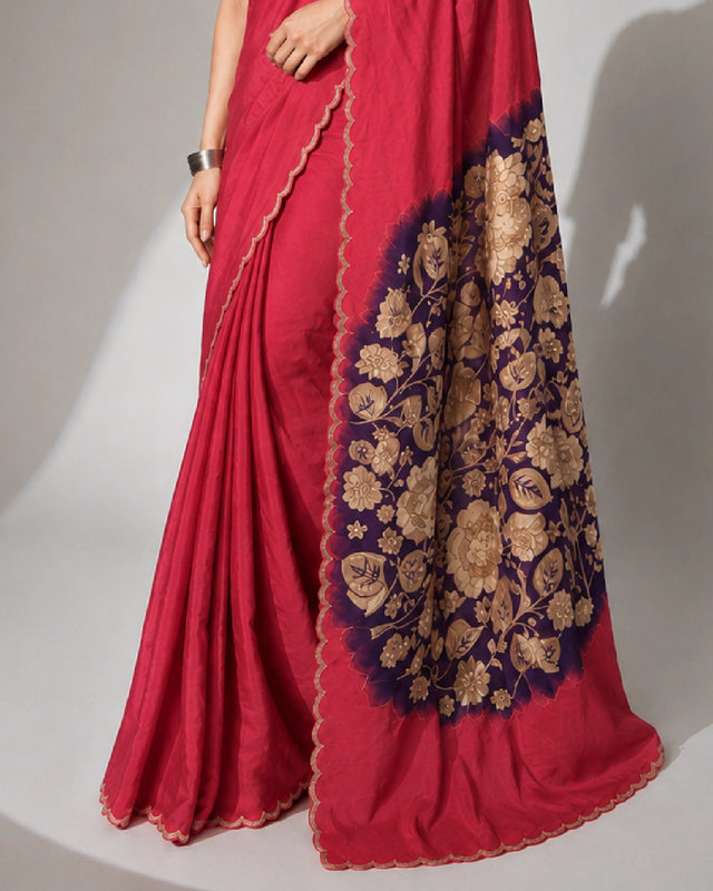 Rani Designer Saree with Floral Printed Pallu & Elegant Border