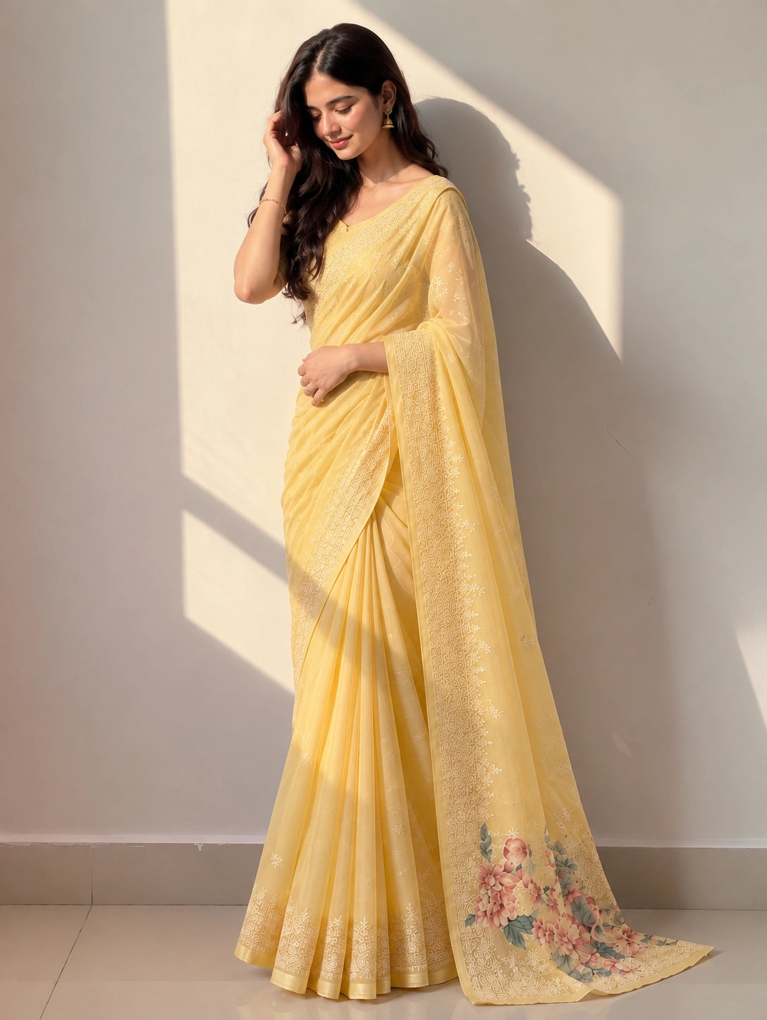 Elegant Yellow Floral Embroidered Saree