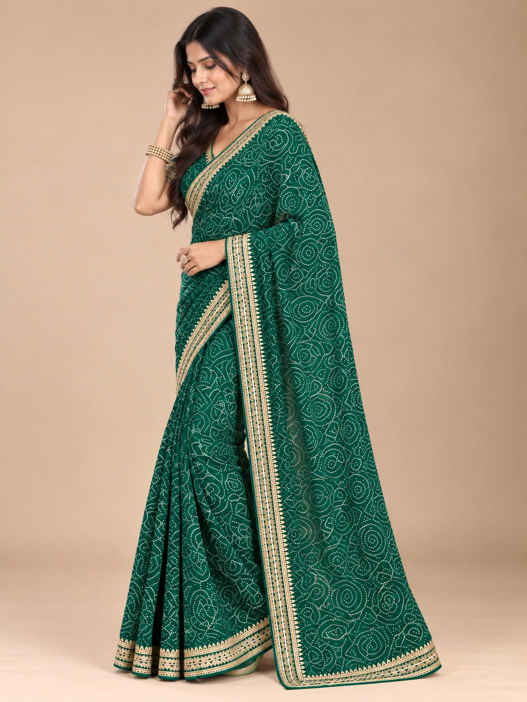 Emerald Green Printed Saree with Elegant Zari Border
