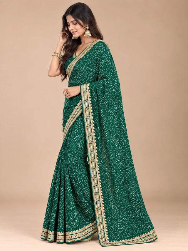 Emerald Green Printed Saree with Elegant Zari Border
