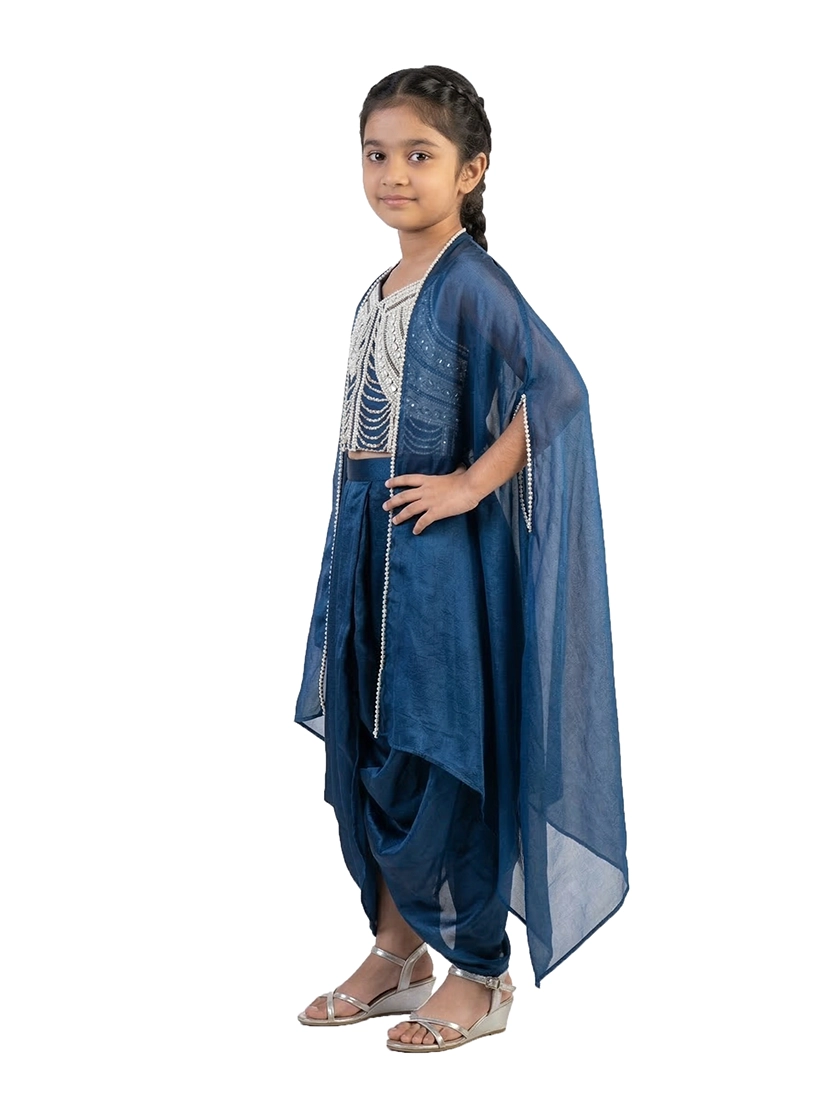 blue embellished ethnic co ord set for girls with cape style top and dhoti pants satin silk kids outfit