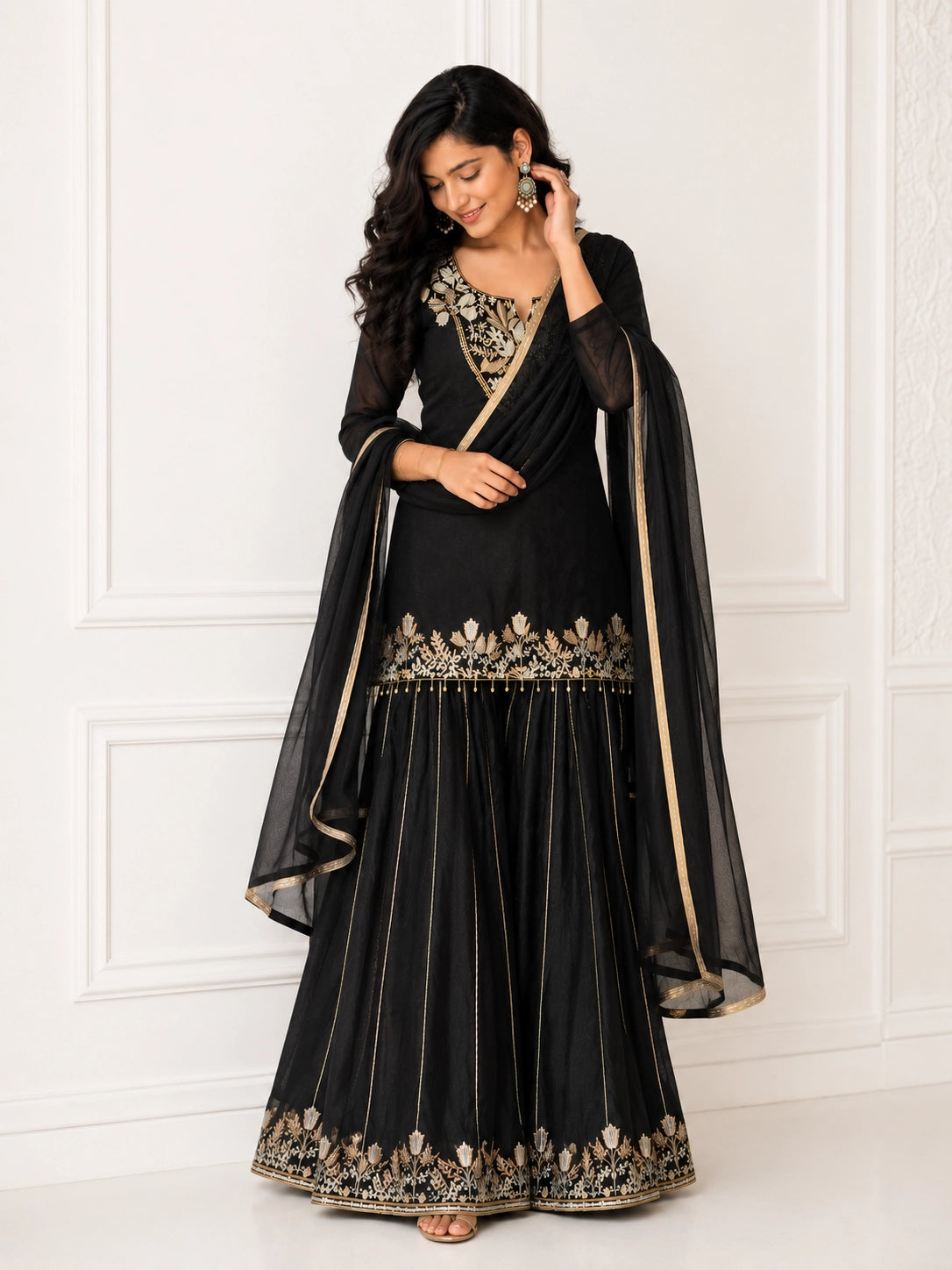 Black Embroidered Sharara Set with Dupatta for Women